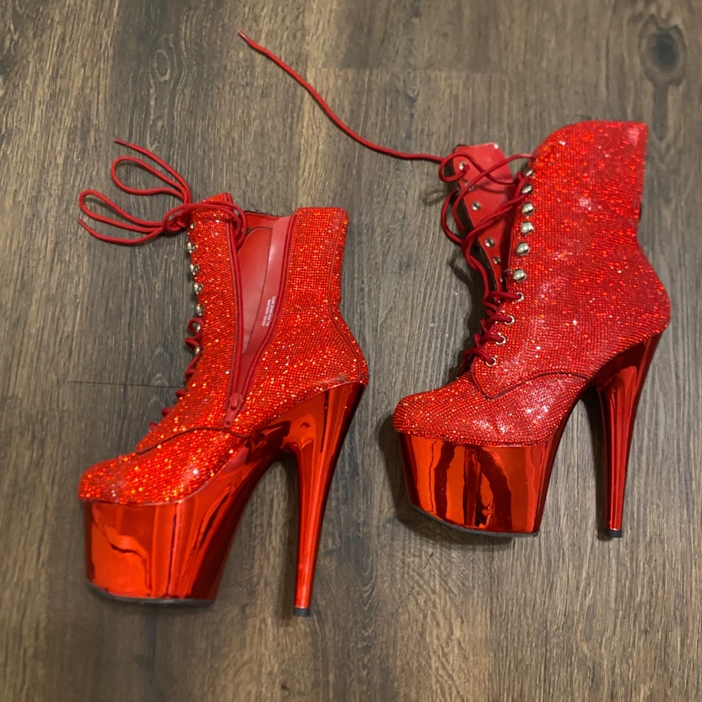 Pleaser Red Rhinestone Platform Boots - Picture 2 of 3